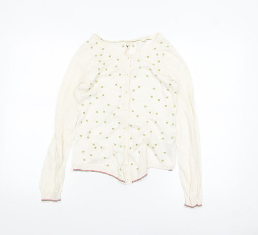 White Stuff Women Ivory Floral Linen Button Cardigan Size 8