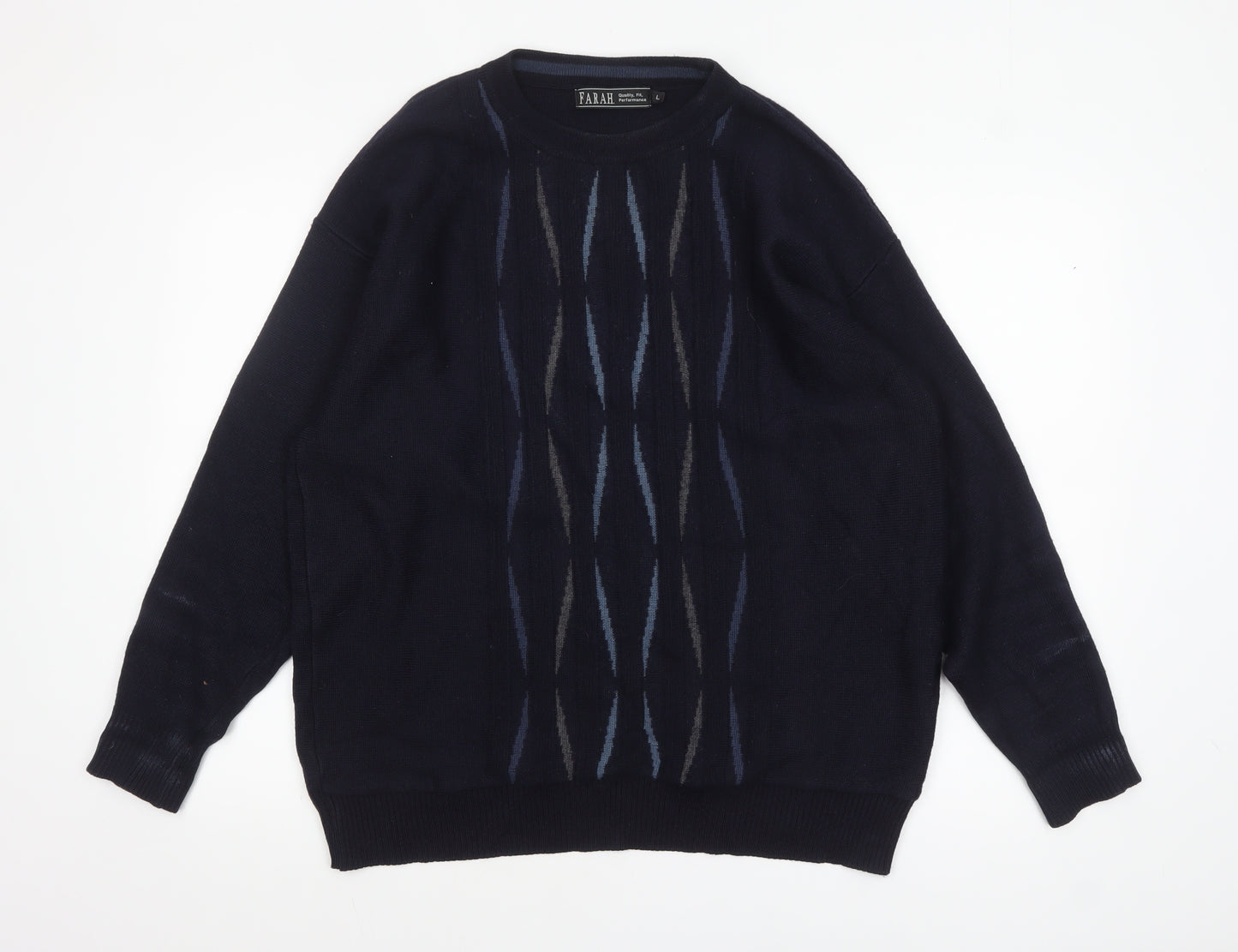 Farah Men's Blue Geometric Wool Blend Pullover Jumper Size L