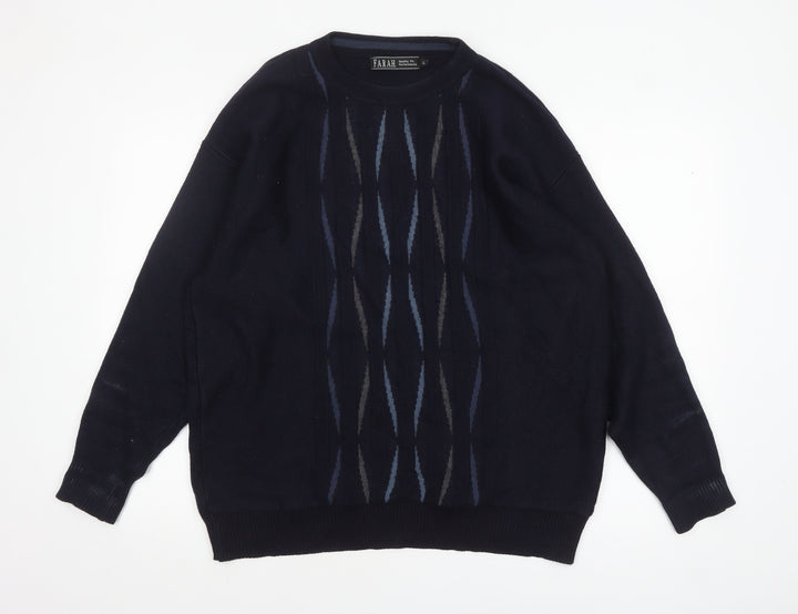 Farah Men's Blue Geometric Wool Blend Pullover Jumper Size L