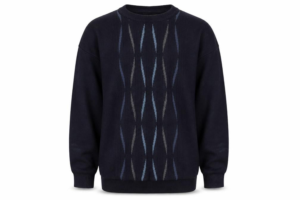 Front view of Farah Men's Blue Geometric Wool Blend jumper, size L