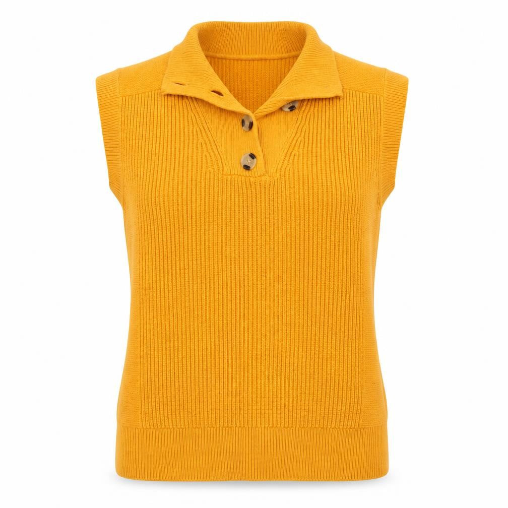 Front view of Next women’s yellow collared sleeveless henley knit jumper, size S