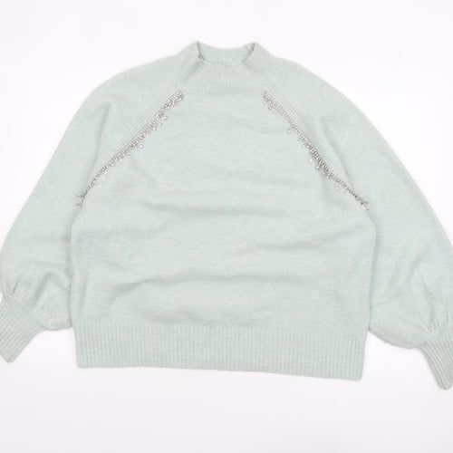 River Island Women Green Beaded Mock Neck Balloon Sleeve Jumper Size 14