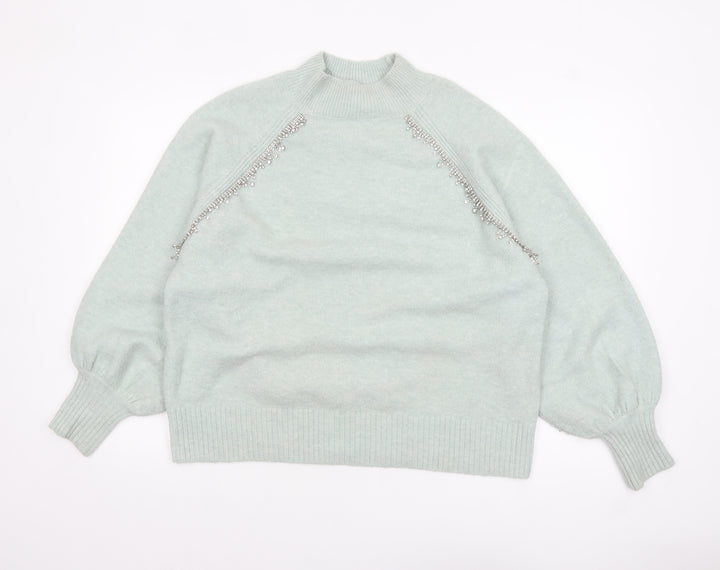 River Island Women Green Beaded Mock Neck Balloon Sleeve Jumper Size 14