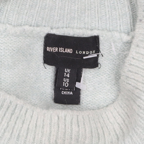 River Island Women Green Beaded Mock Neck Balloon Sleeve Jumper Size 14