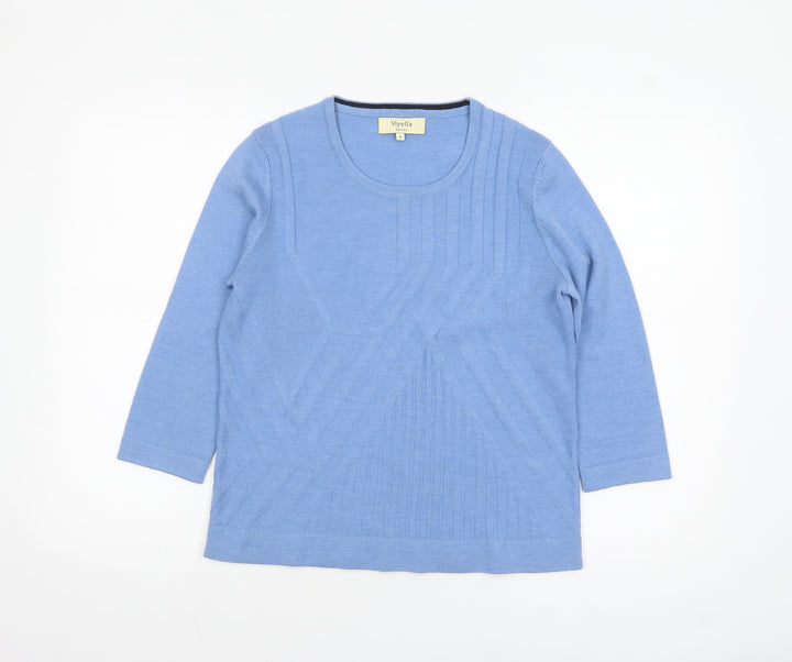 Viyella Women Blue Petite M Merino Wool 3/4 Sleeve Pullover Jumper