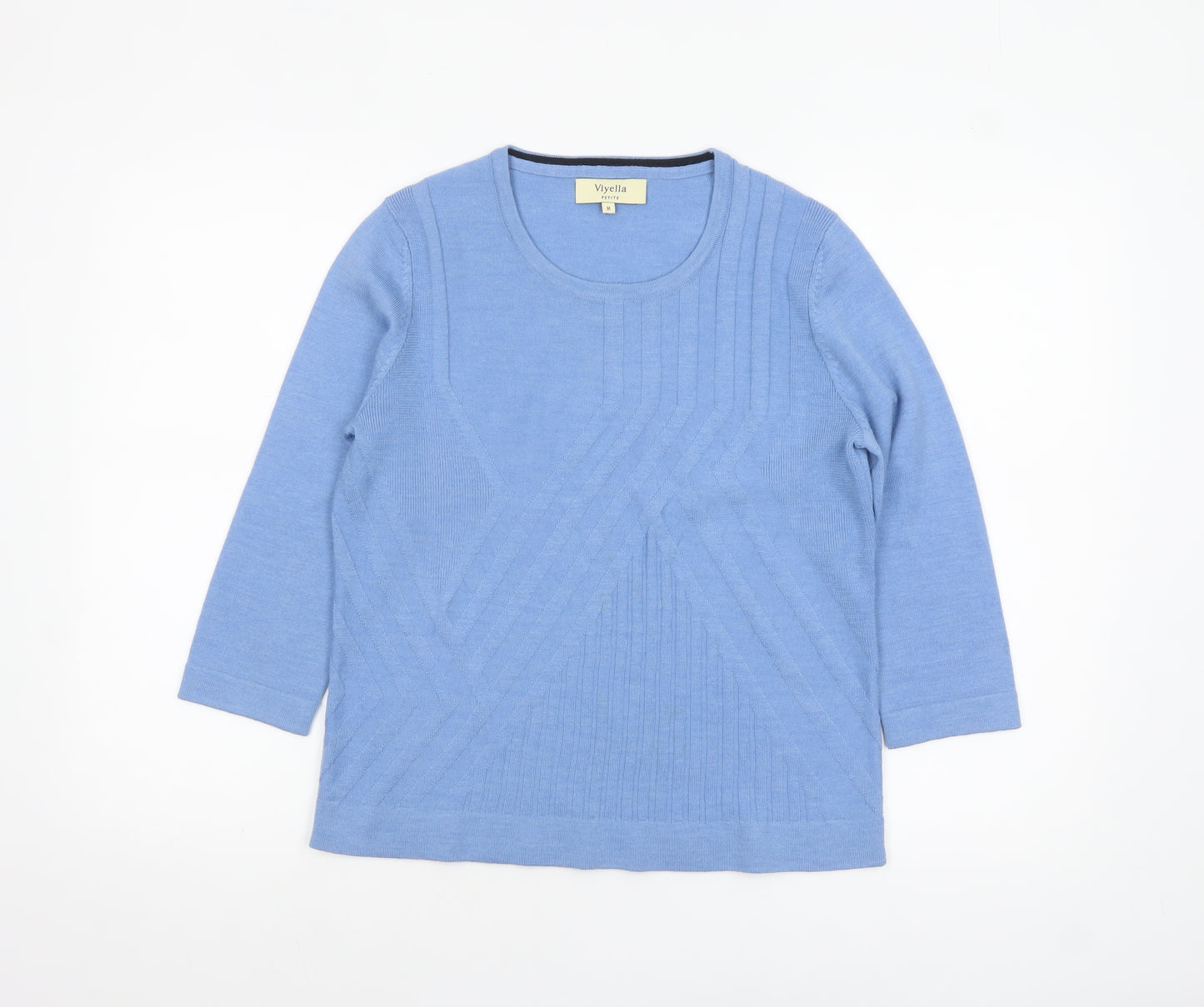 Viyella Women Blue Petite M Merino Wool 3/4 Sleeve Pullover Jumper