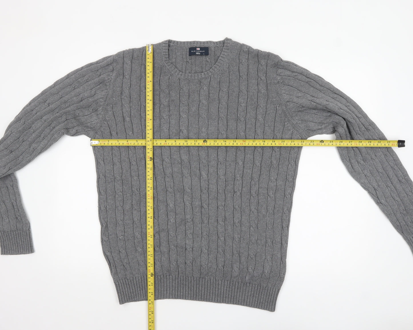 Marks and Spencer Blue Harbour Men's Grey Cable Knit Cotton Jumper L