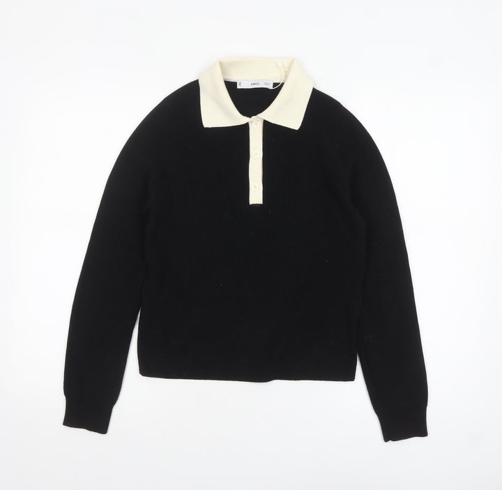 MNG Womens Black Collared Henley Knit Jumper Medium