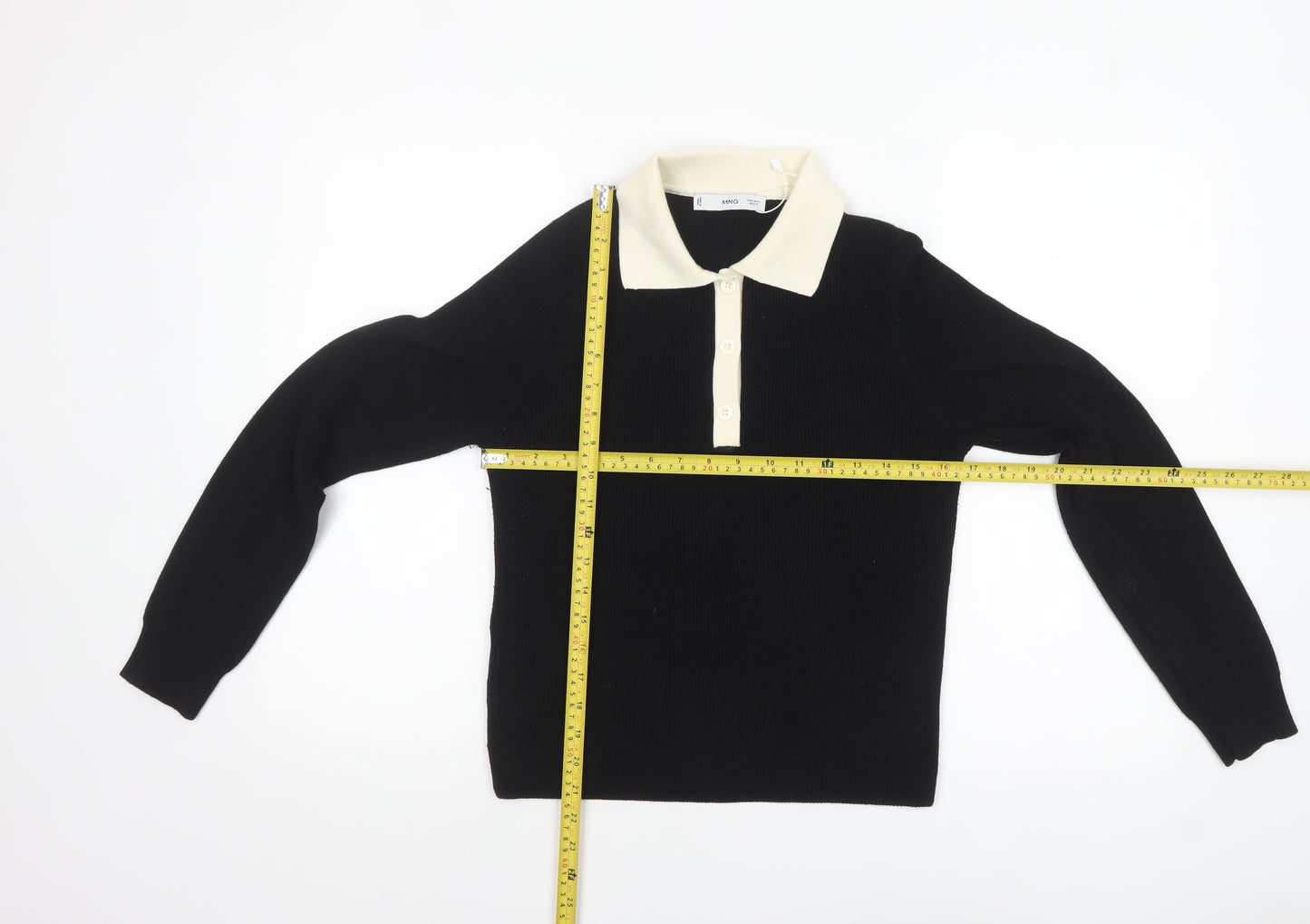 MNG Womens Black Collared Henley Knit Jumper Medium