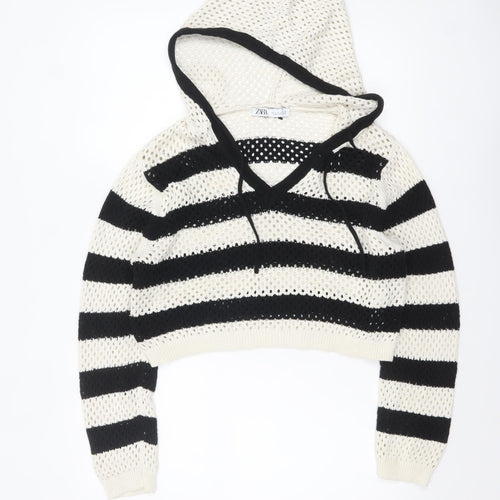 Zara Women Black White Striped Open-Knit Cotton Hooded Jumper Size 14