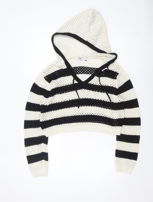 Zara Women Black White Striped Open-Knit Cotton Hooded Jumper Size 14