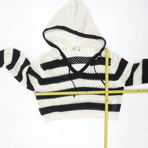 Zara Women Black White Striped Open-Knit Cotton Hooded Jumper Size 14