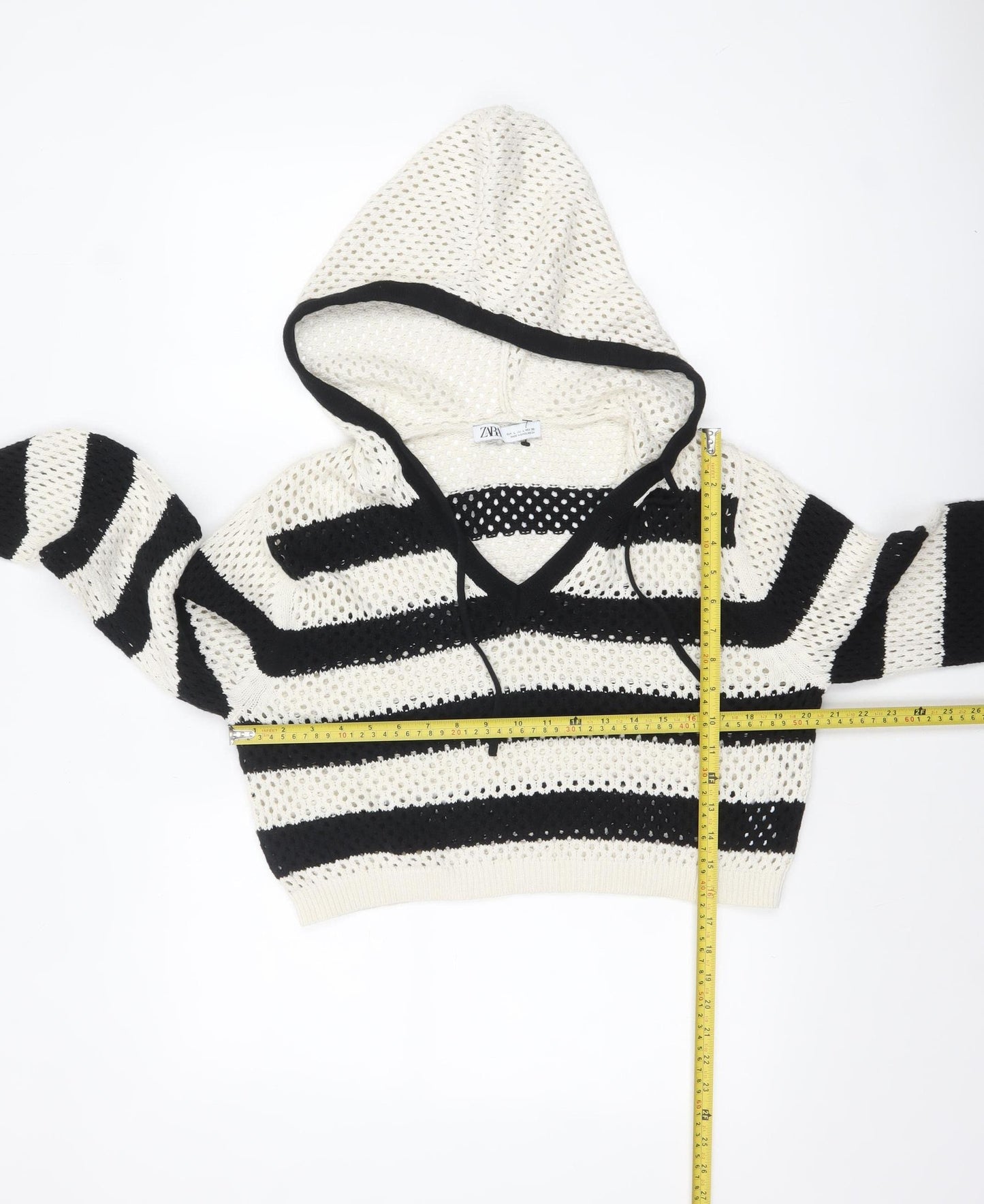 Zara Women Black White Striped Open-Knit Cotton Hooded Jumper Size 14