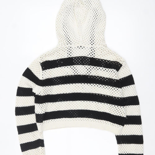 Zara Women Black White Striped Open-Knit Cotton Hooded Jumper Size 14