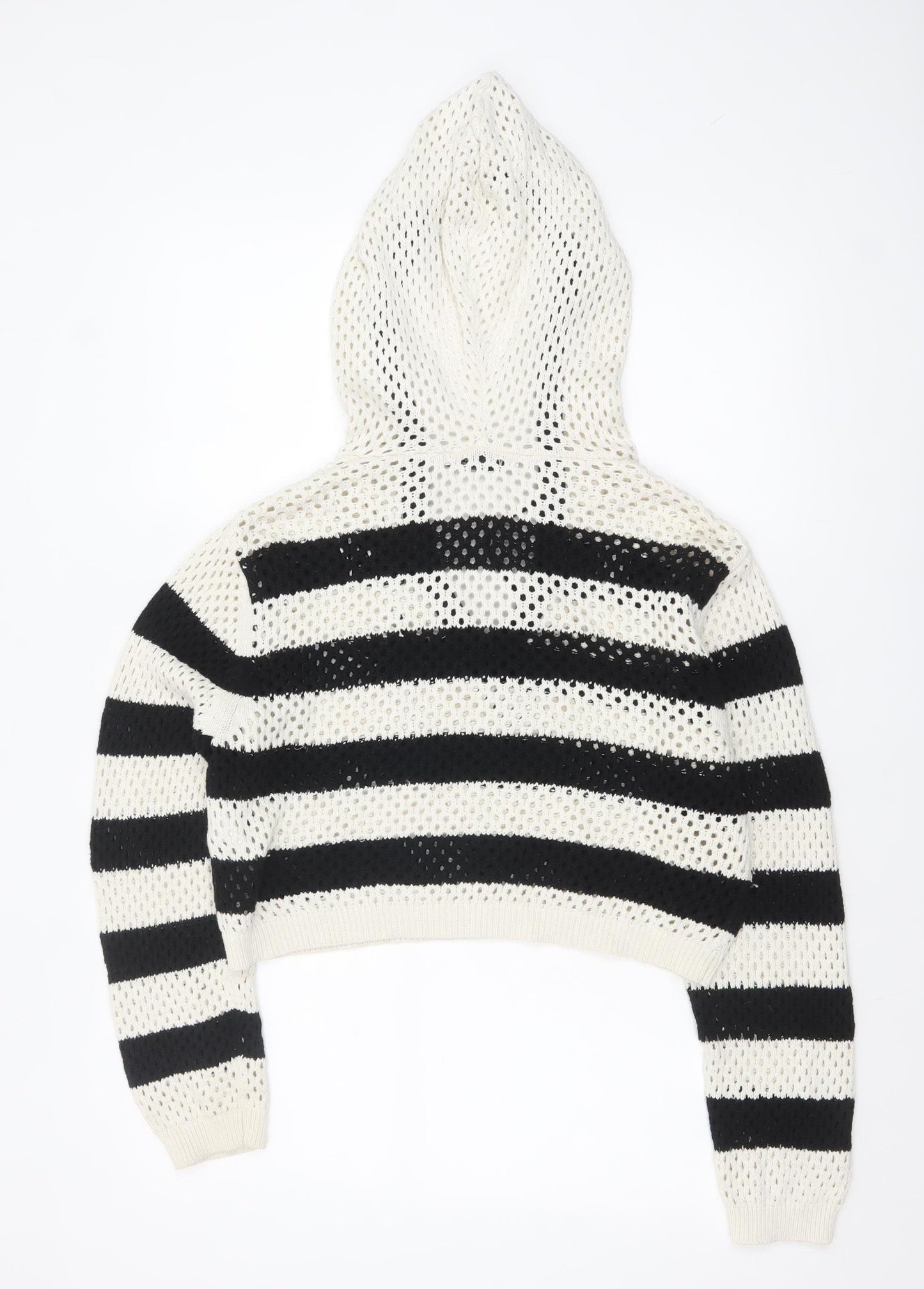 Zara Women Black White Striped Open-Knit Cotton Hooded Jumper Size 14