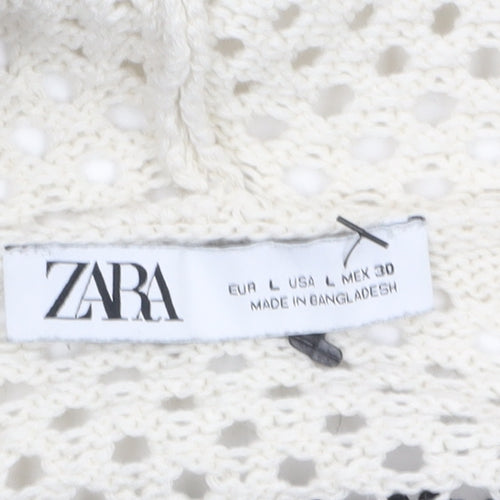 Zara Women Black White Striped Open-Knit Cotton Hooded Jumper Size 14