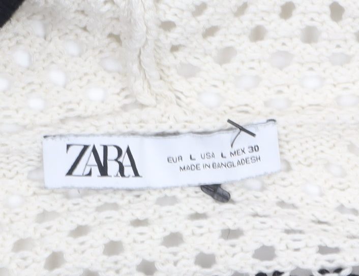 Zara Women Black White Striped Open-Knit Cotton Hooded Jumper Size 14
