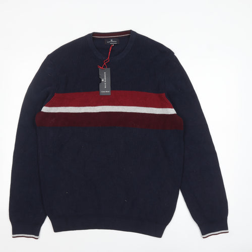 Marks and Spencer Men's Blue XL Cotton Blend Striped Crew Neck Jumper