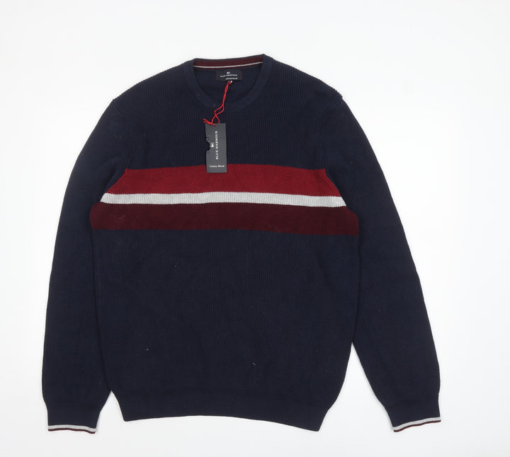 Marks and Spencer Men's Blue XL Cotton Blend Striped Crew Neck Jumper