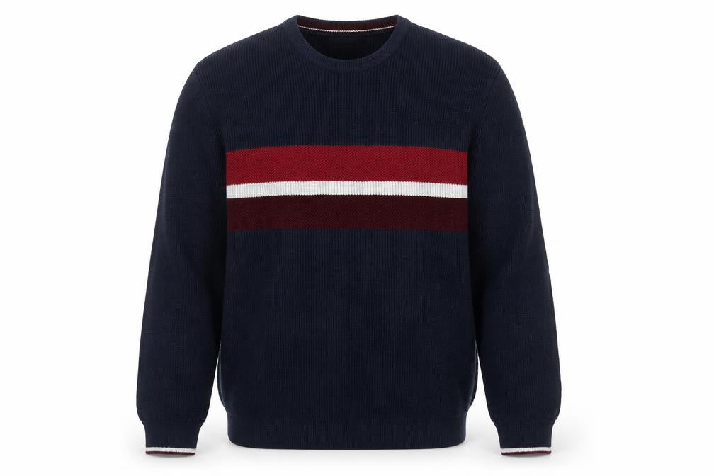 Marks and Spencer Men's Blue XL Cotton Blend Striped Crew Neck Jumper