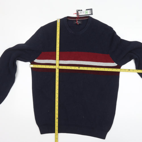 Marks and Spencer Men's Blue XL Cotton Blend Striped Crew Neck Jumper
