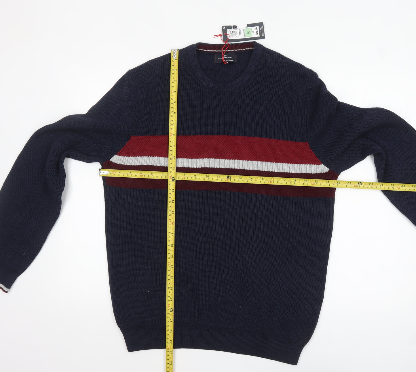 Marks and Spencer Men's Blue XL Cotton Blend Striped Crew Neck Jumper