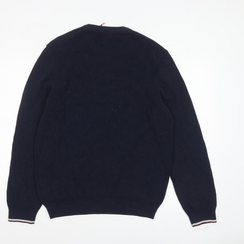 Marks and Spencer Men's Blue XL Cotton Blend Striped Crew Neck Jumper