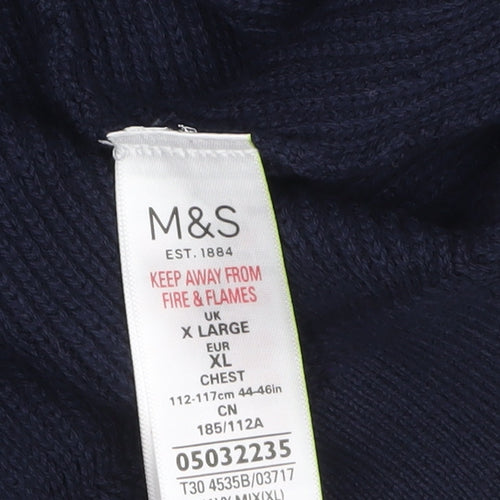 Marks and Spencer Men's Blue XL Cotton Blend Striped Crew Neck Jumper