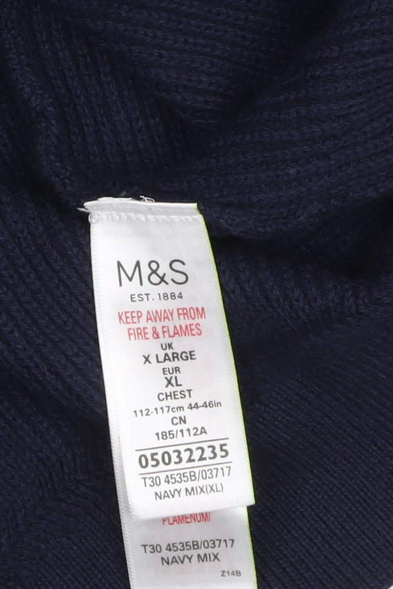 Marks and Spencer Men's Blue XL Cotton Blend Striped Crew Neck Jumper
