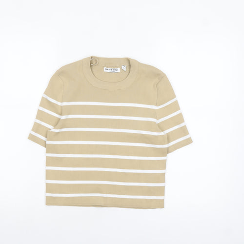 Brave Soul Women Beige Striped Cropped Knit T-Shirt Size M