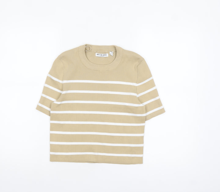 Brave Soul Women Beige Striped Cropped Knit T-Shirt Size M