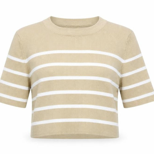 Brave Soul Women Beige Striped Cropped Knit T-Shirt Size M