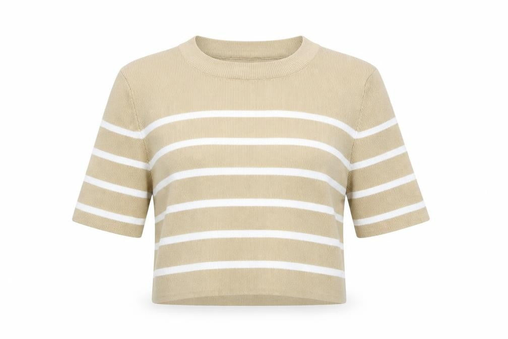 Brave Soul Women Beige Striped Cropped Knit T-Shirt Size M