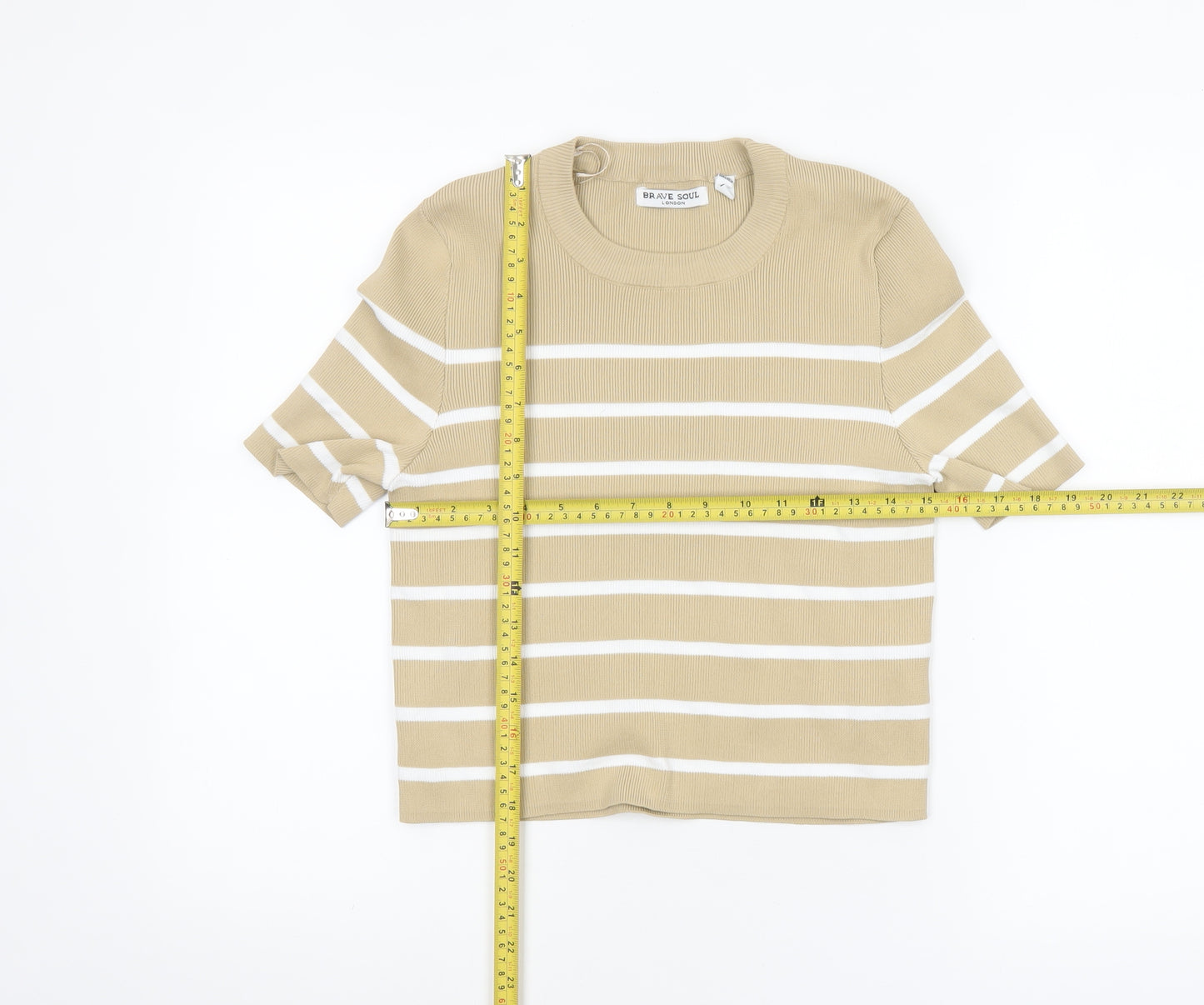 Brave Soul Women Beige Striped Cropped Knit T-Shirt Size M