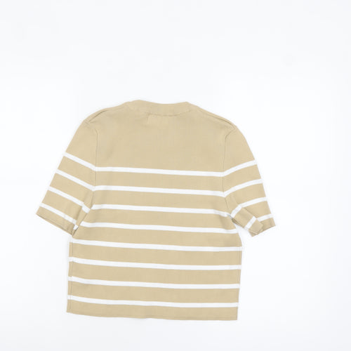 Brave Soul Women Beige Striped Cropped Knit T-Shirt Size M