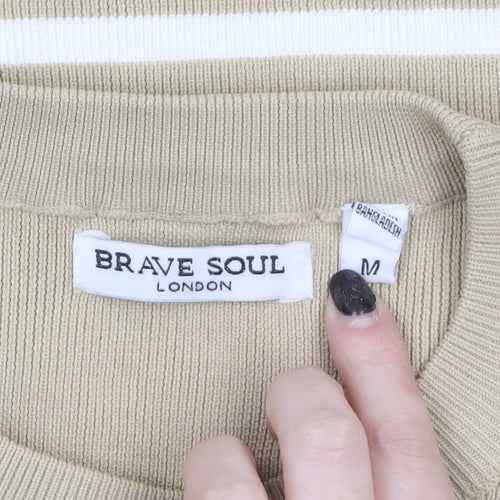 Brave Soul Women Beige Striped Cropped Knit T-Shirt Size M
