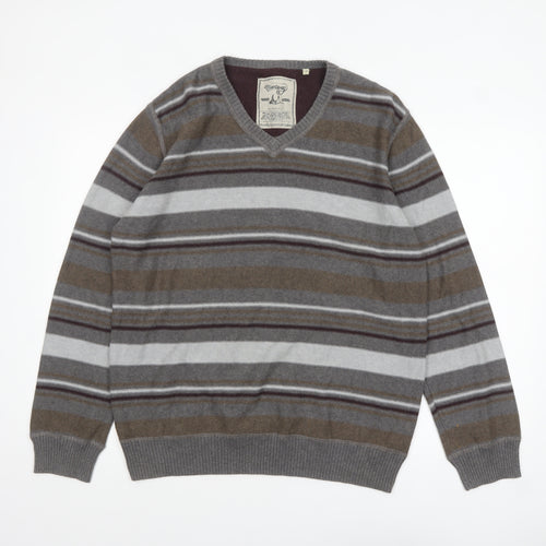 Mantaray Men's Grey Striped Cotton V-Neck Jumper Size L