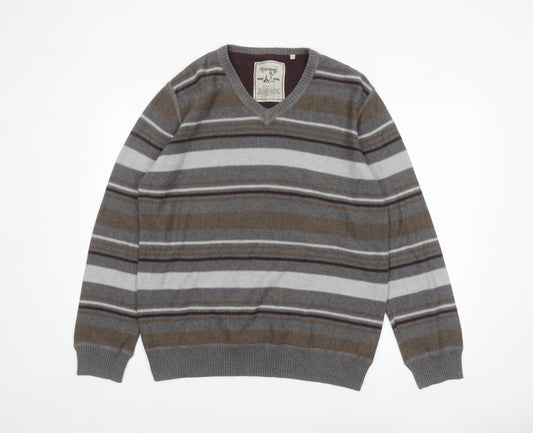 Mantaray Men's Grey Striped Cotton V-Neck Jumper Size L