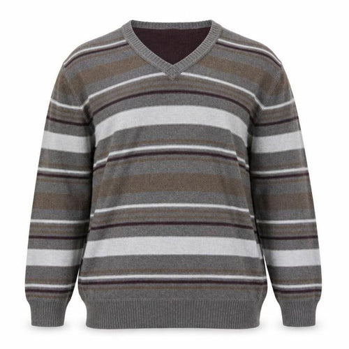 Mantaray Men's Grey Striped Cotton V-Neck Jumper Size L