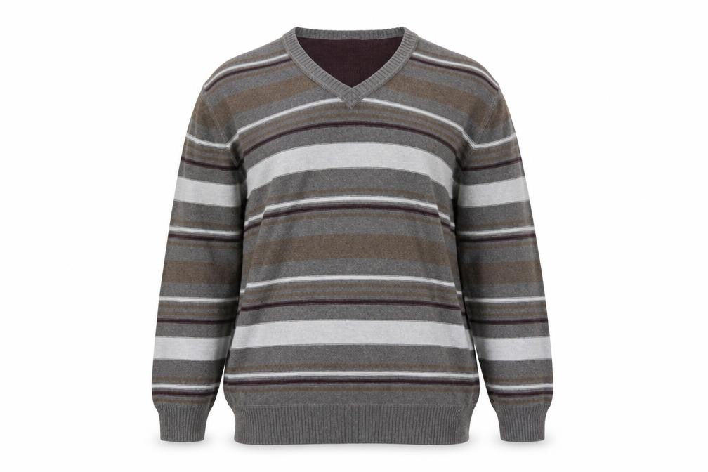 Mantaray Men's Grey Striped Cotton V-Neck Jumper Size L