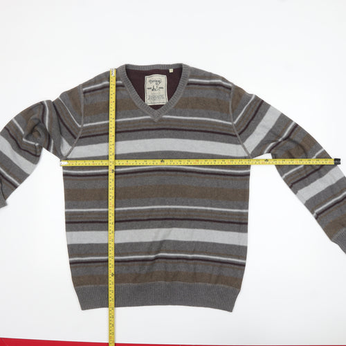 Mantaray Men's Grey Striped Cotton V-Neck Jumper Size L