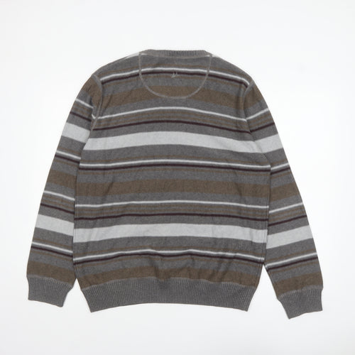 Mantaray Men's Grey Striped Cotton V-Neck Jumper Size L