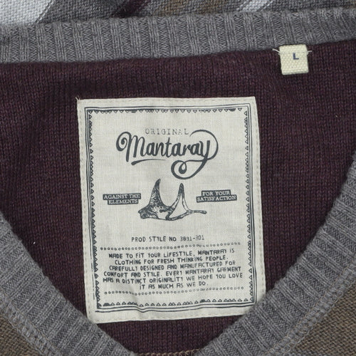 Mantaray Men's Grey Striped Cotton V-Neck Jumper Size L