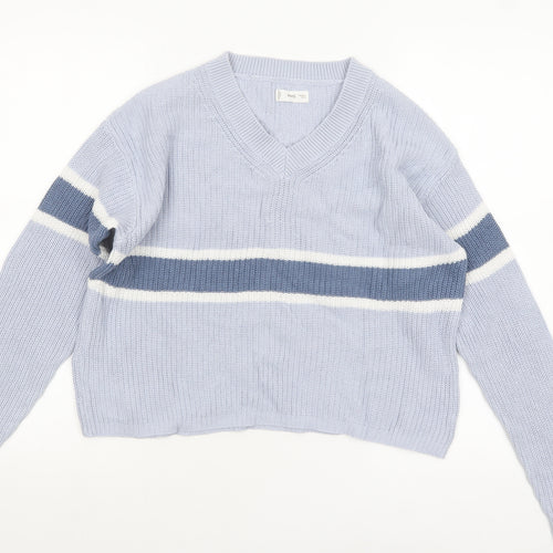 MNG Women Blue Striped V-Neck Cotton Knit Jumper Size M