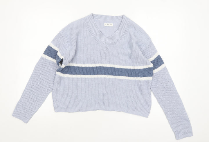 MNG Women Blue Striped V-Neck Cotton Knit Jumper Size M