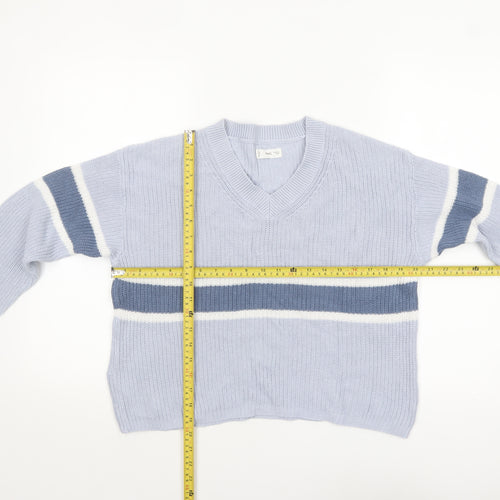 MNG Women Blue Striped V-Neck Cotton Knit Jumper Size M