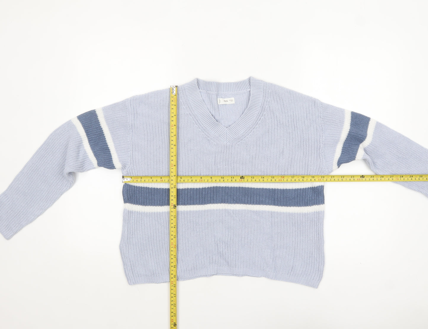 MNG Women Blue Striped V-Neck Cotton Knit Jumper Size M