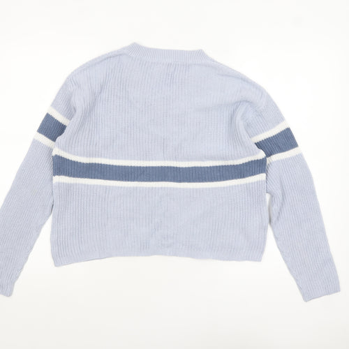 MNG Women Blue Striped V-Neck Cotton Knit Jumper Size M