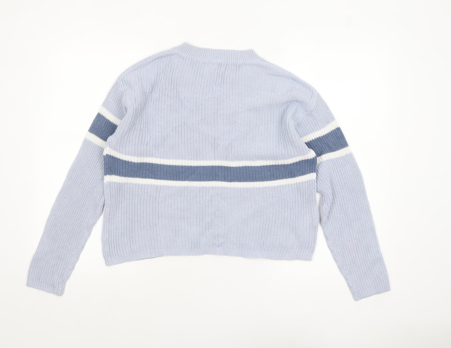 MNG Women Blue Striped V-Neck Cotton Knit Jumper Size M