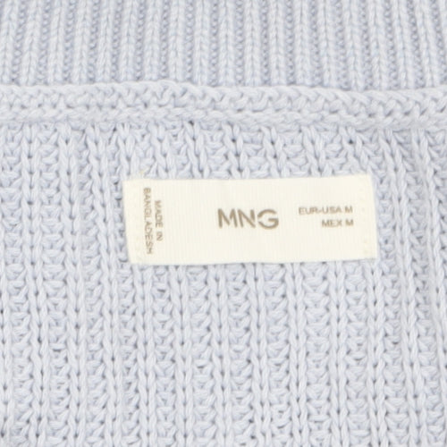 MNG Women Blue Striped V-Neck Cotton Knit Jumper Size M